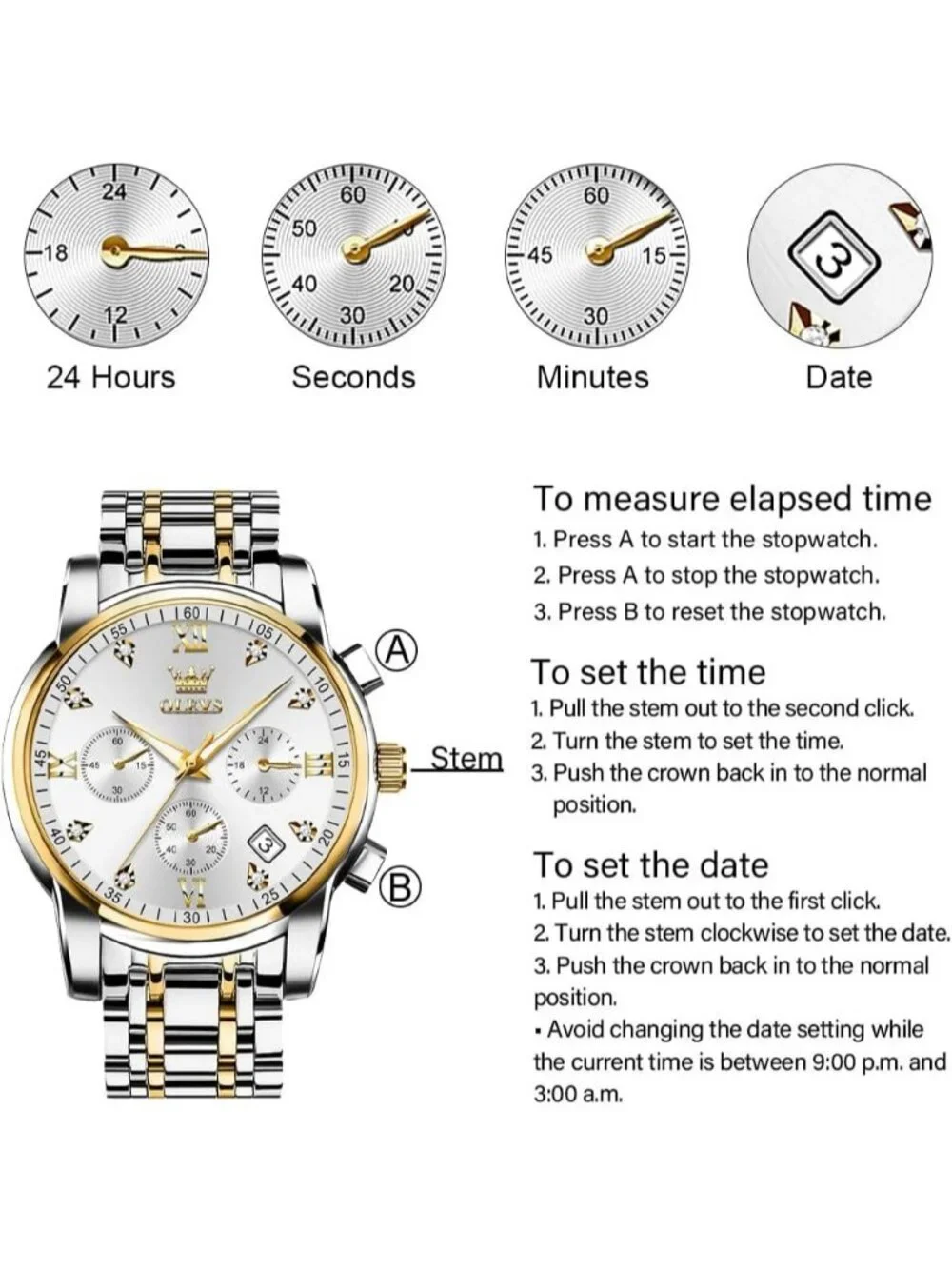 Men's  White Face/Two Tone Strap Stainless Steel Chronograph Waterproof  Watch